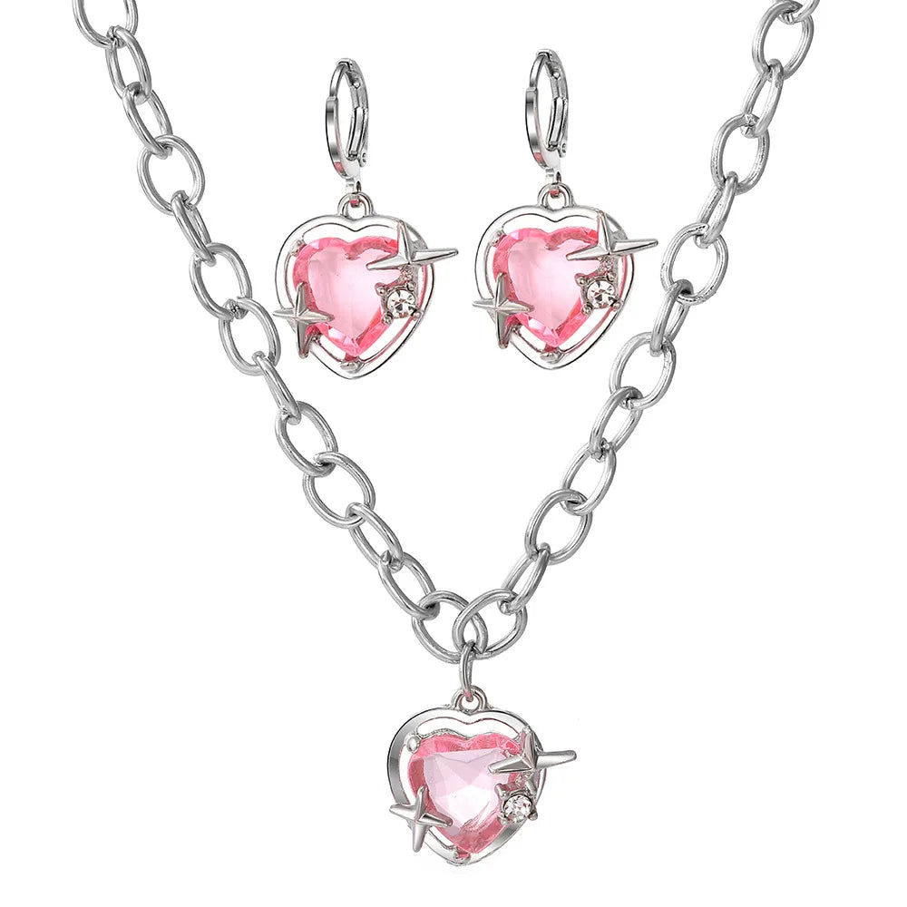 New Pink Heart Zircon Necklace for Women Girls Fashion Jewelry Pendant Necklace Aesthetic Long Chain Crystal Necklaces