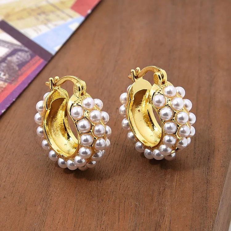 EP1040 Thick 18k Gold Plated Triple Faux Pearl Beaded Hoops Hoop Earrings for Women Ladies