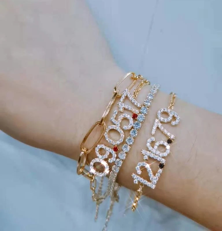 Customate Birthstone Bracelet Anniversary Wedding Gifts Ice Out Tennis Chain Zircon Custom Date Bracelet Set