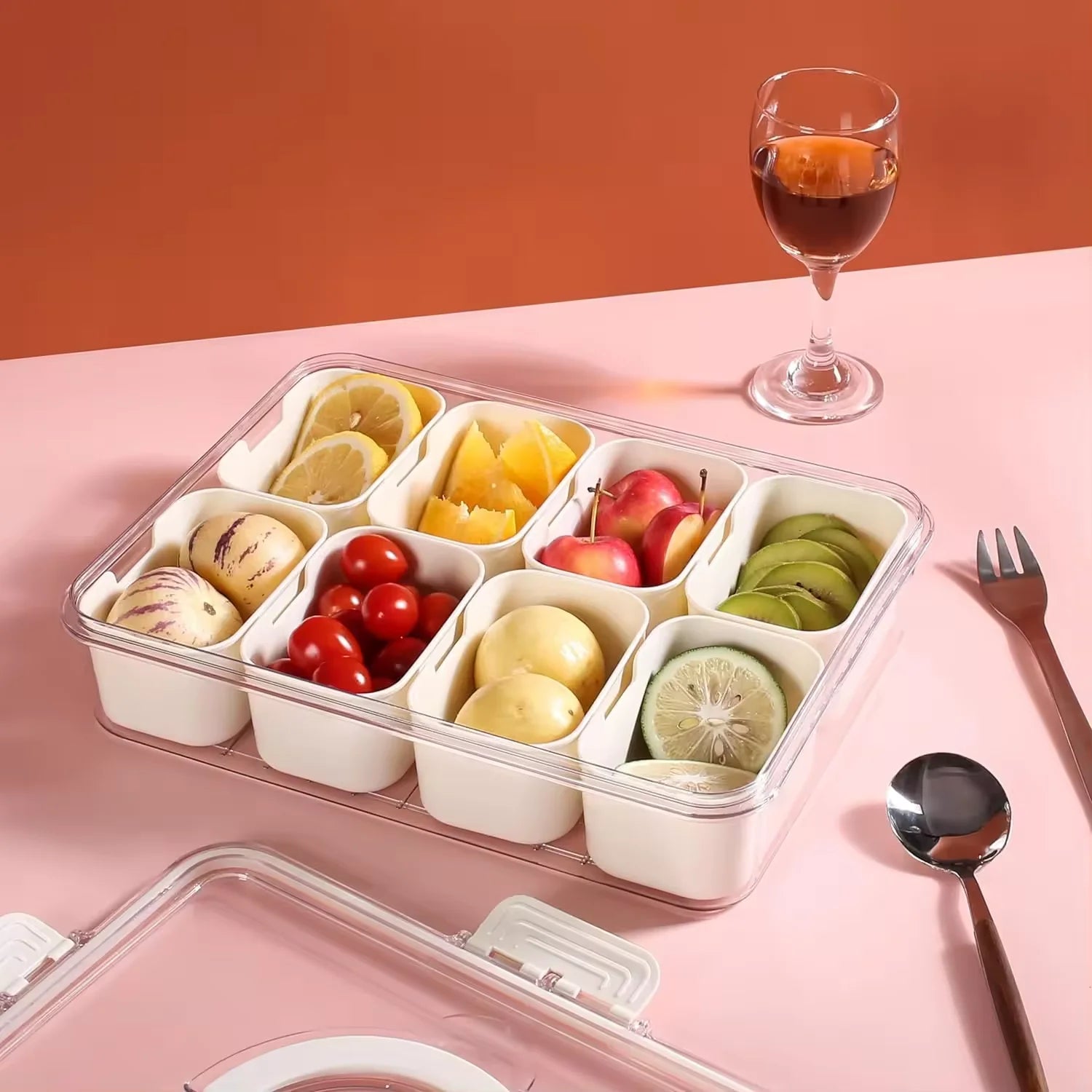 8-Compartment Clear Plastic Divided Food Serving Tray with Lid and Handle Spices Snackle Box Seasoning Storage Container
