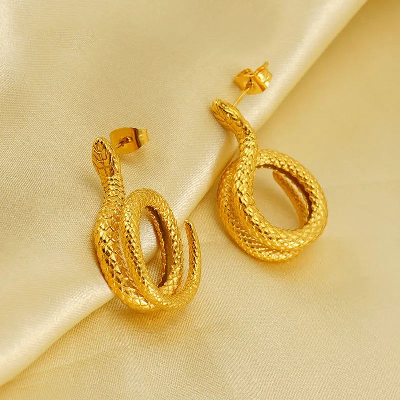 Unique Vintage Design Stainless Steel 18K Gold Plated Statement Snake Zodiac Stud Earrings for Women Fashion Jewelry