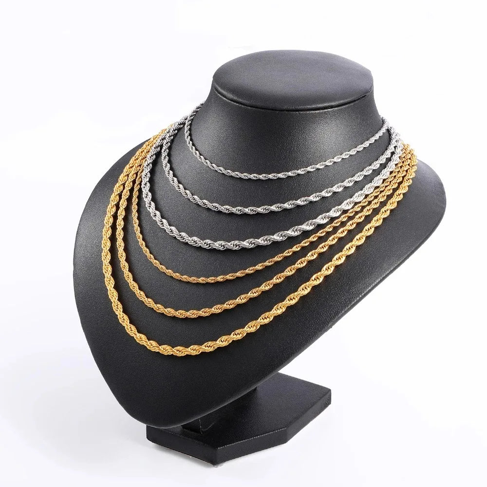 Wholesale Fashion Jewelry 3/4/5mm Hip Hop Gold Plated Stainless Steel Thick Twist Rope Chain Choker Necklace for Women Men