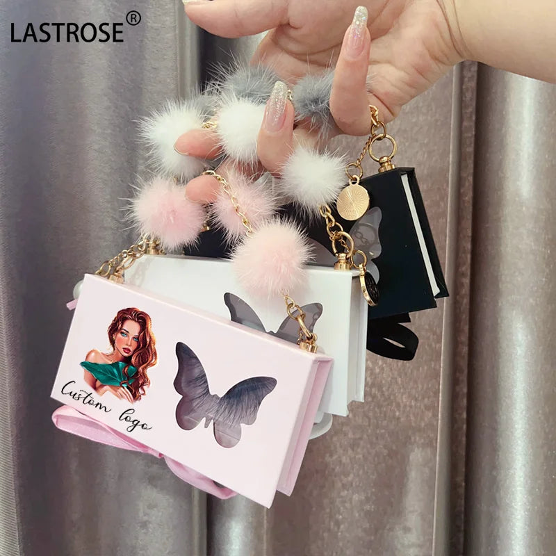 OEM Pink Butterfly Eyelash Packaging Box with Chains  Lashbox Wholesale Fiber False Eyelash Packaging