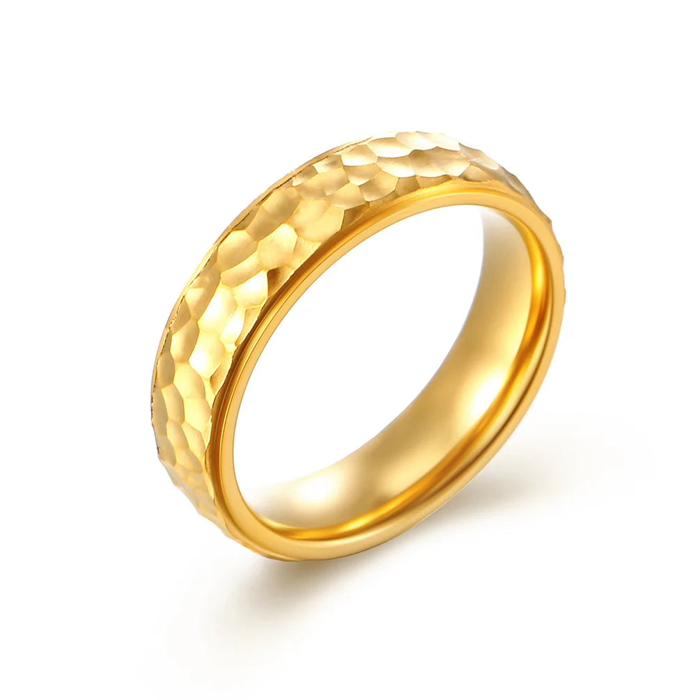 Waterproof 18k Gold Plated Stainless Steel Ring Retro Hand Hammered Irregular Pattern Ring for Women Anillos De Acero Inoxidable