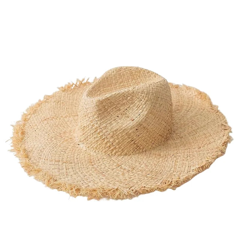 Hot Selling Women Raffia Straw Hat Large Wide Rough Brim Floppy Straw Hat Beach Summer Sun Visor Hat