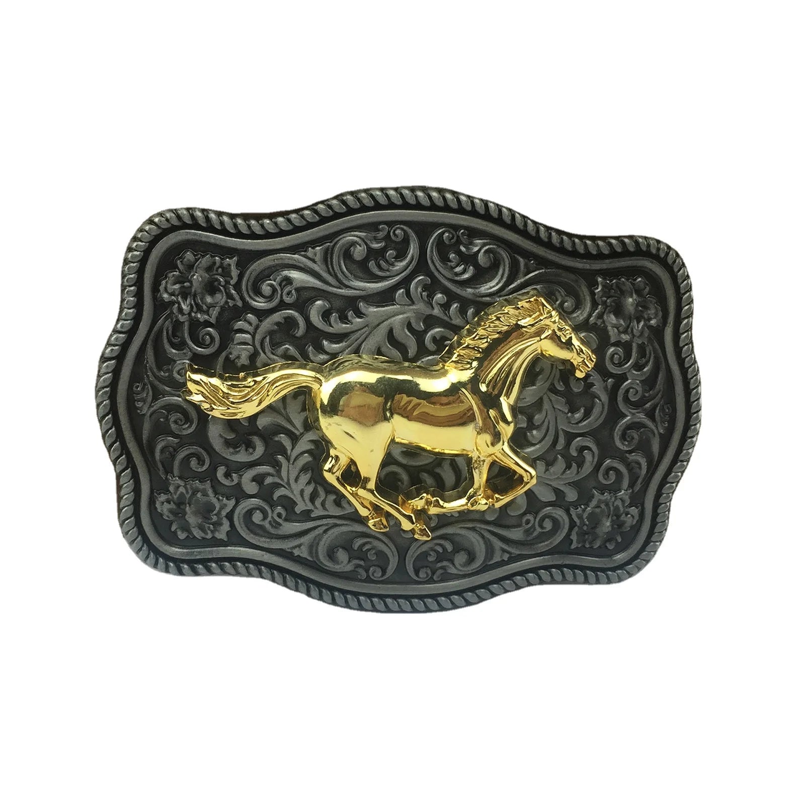 Custom Metal Antique Engraveable Horse Design Vintage Two Tone Belt Buckle for Leather Belt