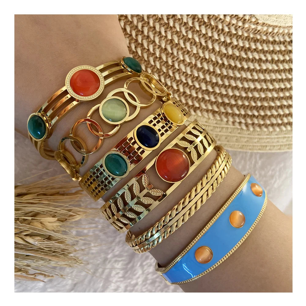 New Multi Style Anti Tarnish 18k Gold Plated Stainless Steel Stone Bangles Jewelry Women