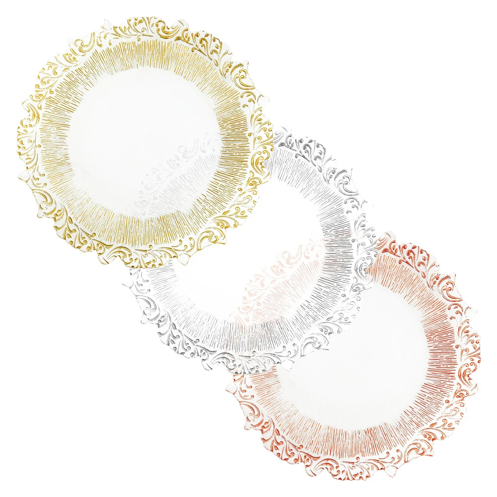Wholesale 13 Inch Gold Floral Clear Transparent Fluted Event Wedding Decoration Eco-Friendly Gold Rim Glass Charger Plate