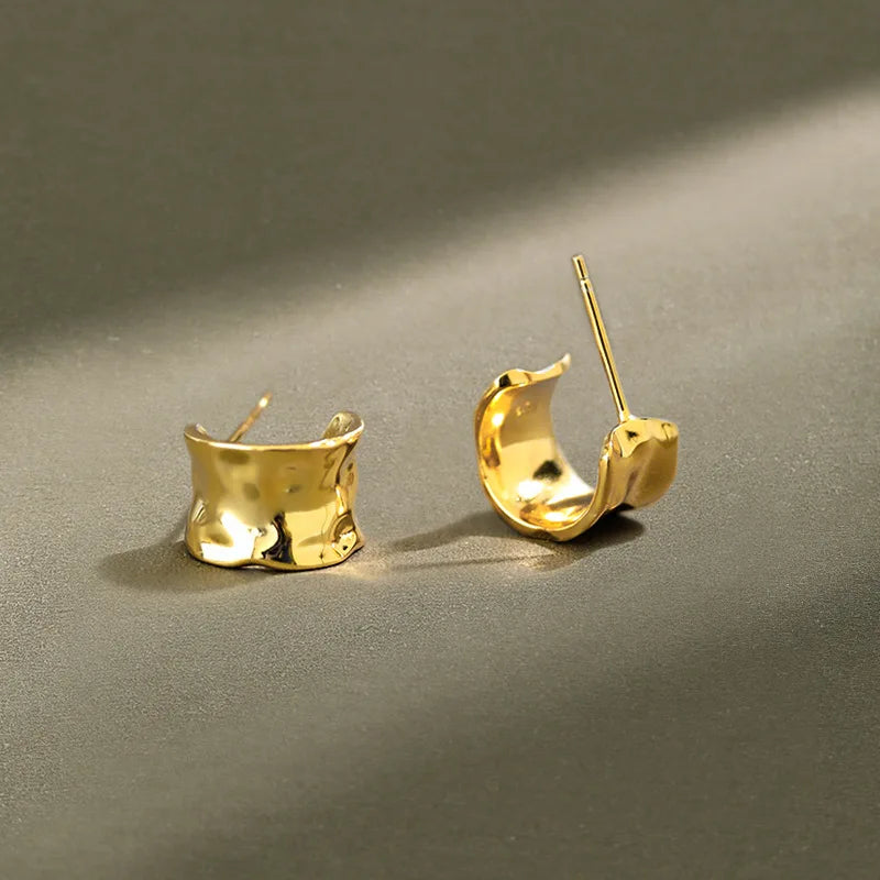 S925 Sterling Silver U-shaped Stud Earrings Ins Irregular Textured Hoop Earrings Wide Surface 18K Gold Earrings For Women