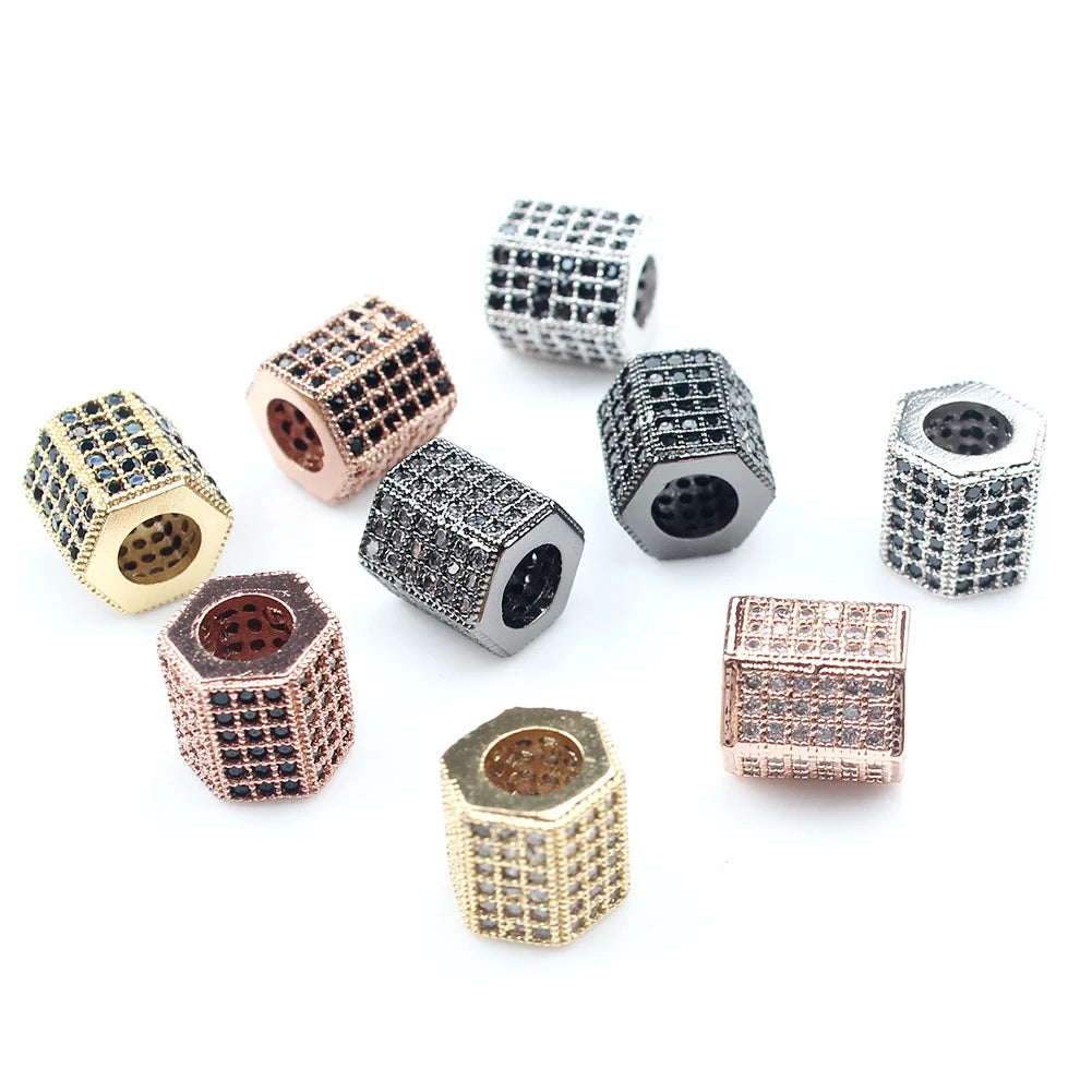 Wholesale 3pcs/bag Cubic Zircon Hexagon Shape Spacer Beads Brass Micro Pave CZ Beads For Jewelry Making