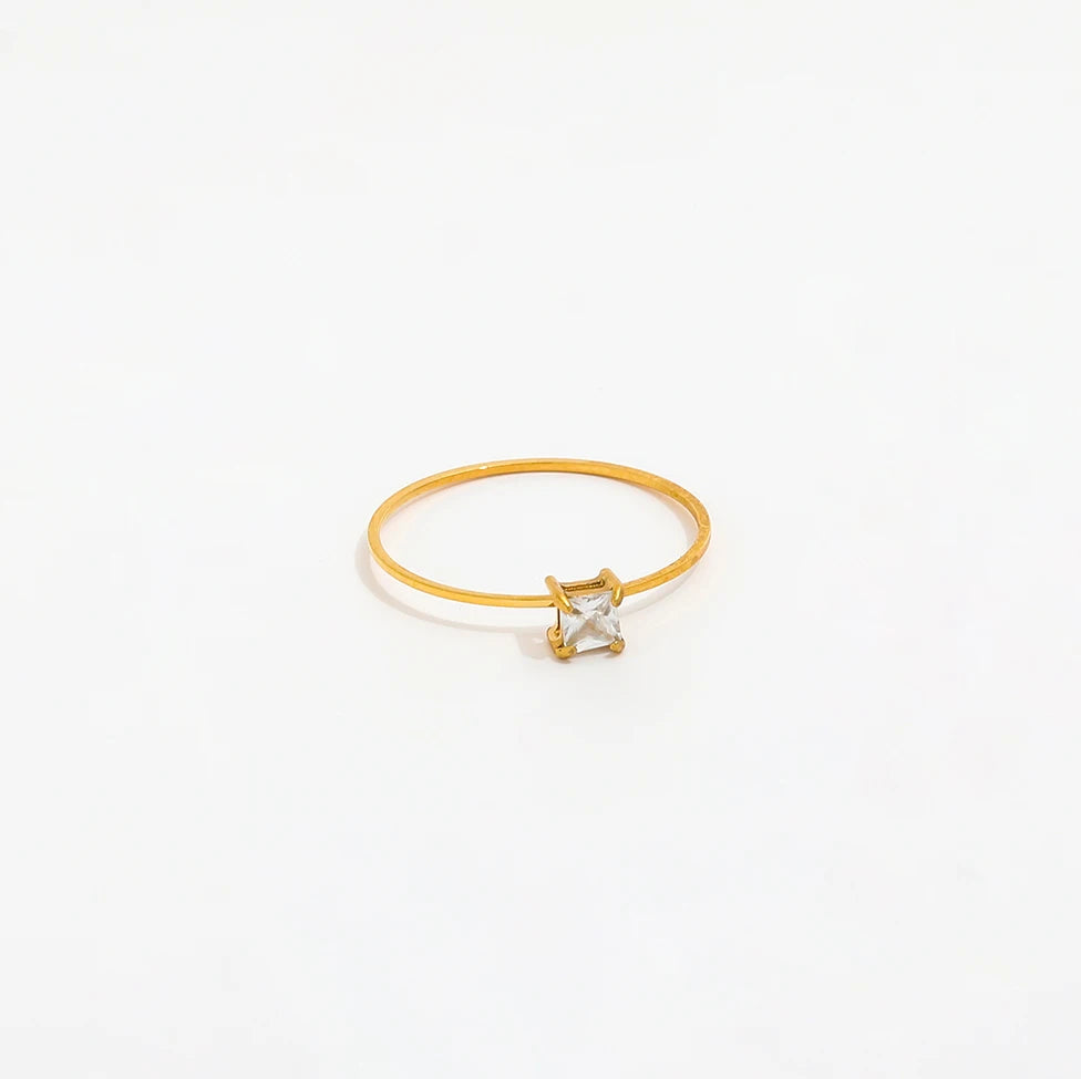 High End 18K Plain Gold Square Zirconia Lines Dainty Rings Stainless Steel Trendy Simple Gold Plated Jewelry