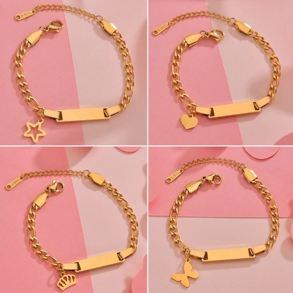 Personalized Logo Name Women Jewelry Butterfly Heart Gold Plated Stainless Steel Engraved Blank Bar Custom Bracelet