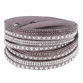 JQ-12 Handmade Hand Jewelry Women 6 Rows Velvet Micro Pave Crystal Diamond Irregular Natural Leather Wrap Button Bracelet