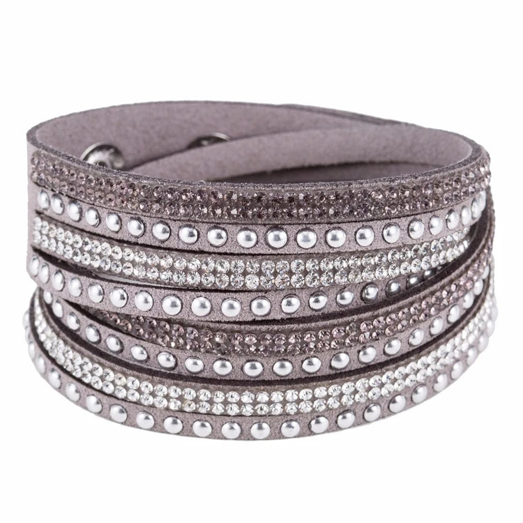 JQ-12 Handmade Hand Jewelry Women 6 Rows Velvet Micro Pave Crystal Diamond Irregular Natural Leather Wrap Button Bracelet