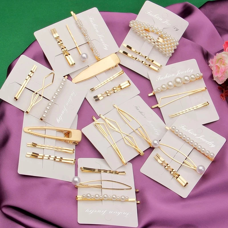 Fashion Women's Hair Clip Set Daily Use Decorative Bobby Pins with Pearls Plain Metal Hairpins