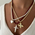 Wholesale Lucky Cross Pendant Necklace for Women Handmade Braided Rope Natural Freshwater Pearl Heart Necklace