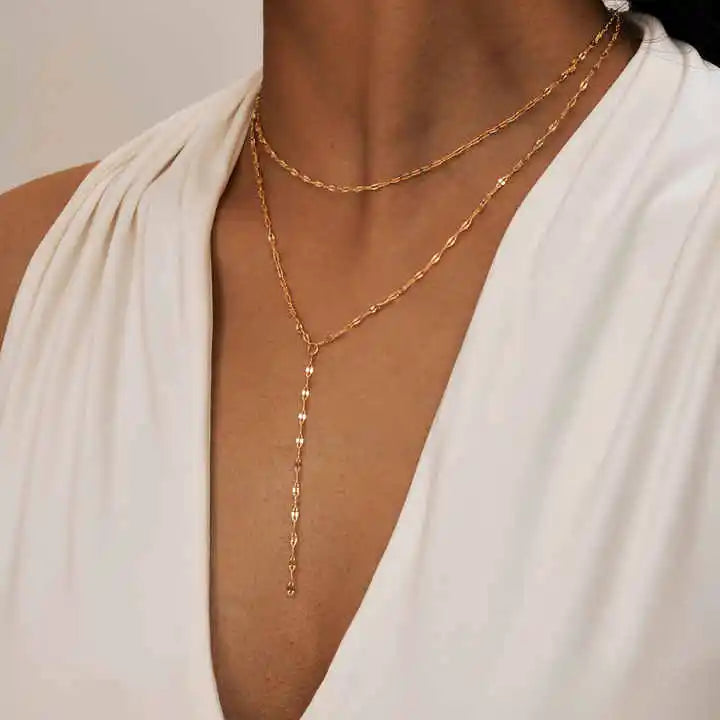 Joolim Jewelry Cross Link Chain Double Layer Y Tassel Necklace 18K Gold Plated Stainless Steel Adjustable Trendy Zirconia