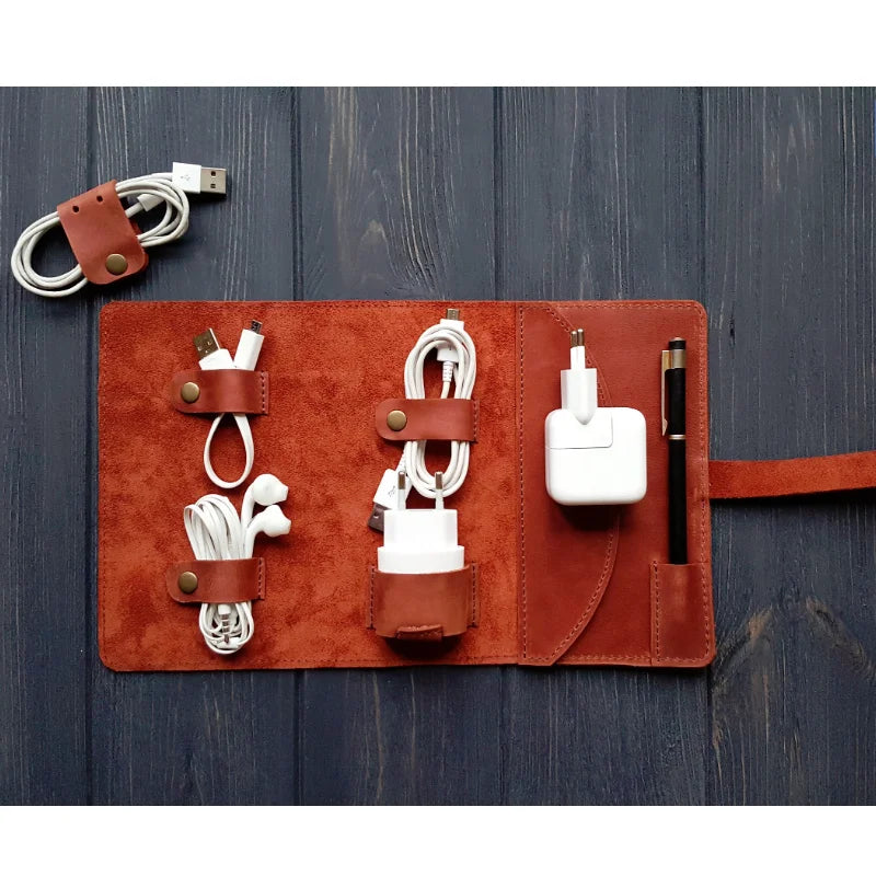 YY Travel Eco-Friendly Fashion Folding Genuine Leather Pouch Charge Plug Sleeve Organizer Gift Cable Storage Bag
