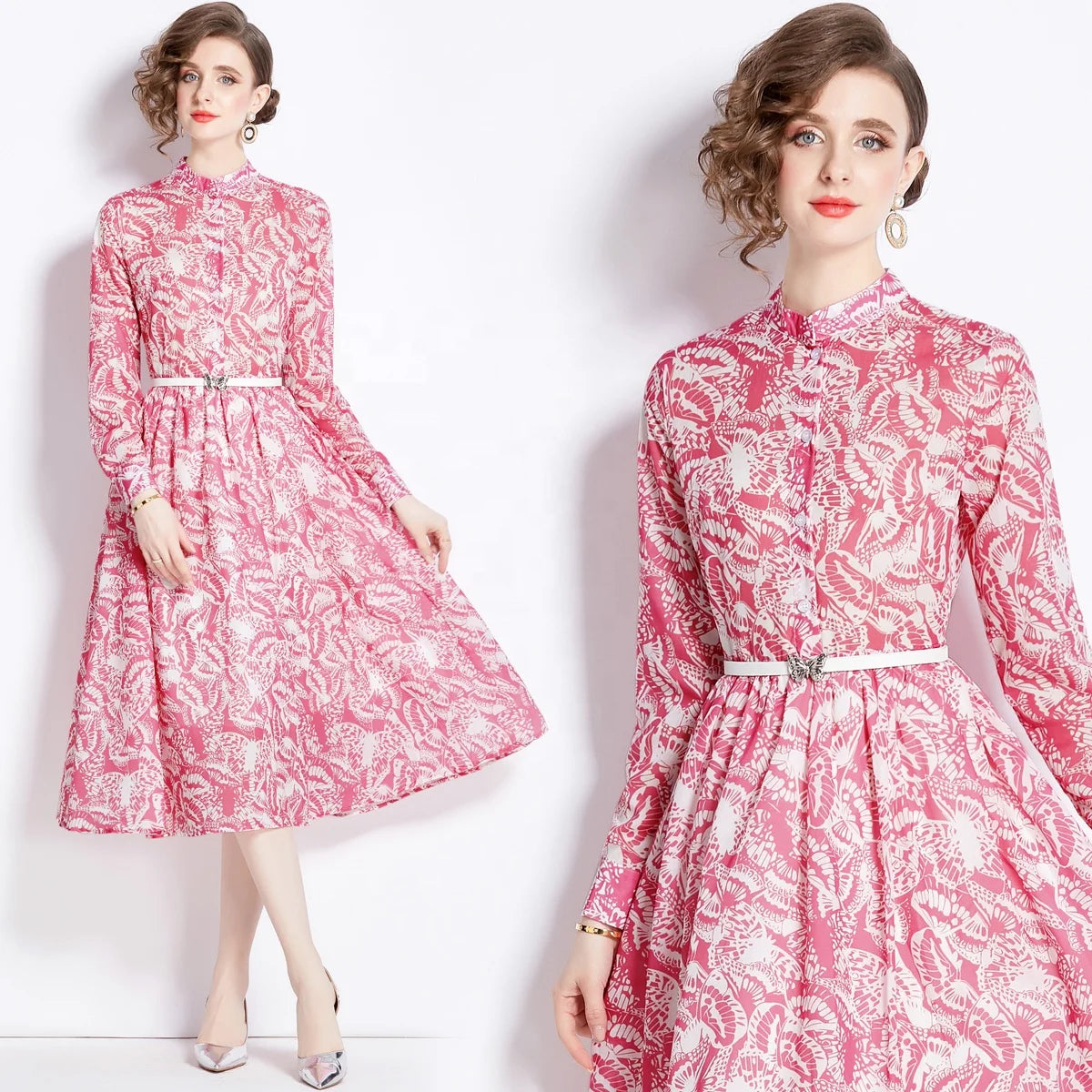 Spring New Floor-Length Long Sleeved Shirt Dress Elegant O-Neck Single Breasted Fit Design Printed Candy-Colored Fashion 2024