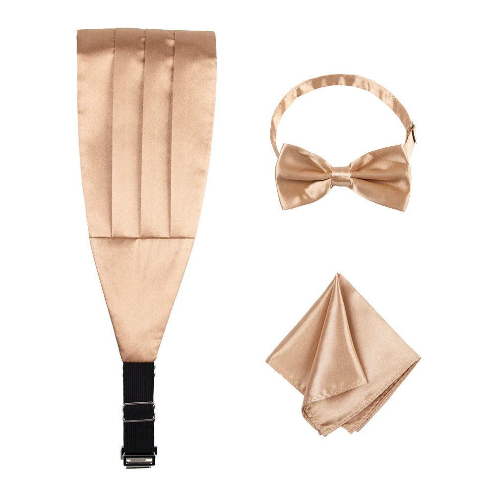 Adult Men's Luxury Champagne Plain Cummerbund Bow Tie Set for Formal Parties Weddings Tuxedo Wide Belt Iron Pocket Square