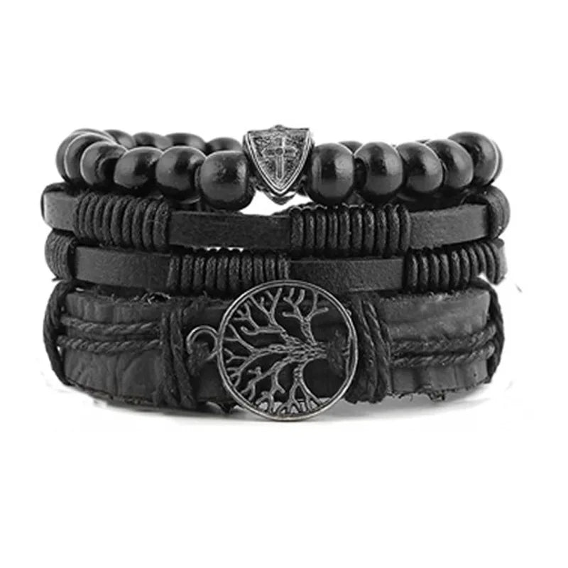 Leather Tree of Life Bracelets Men Women Multi Layer Tiger Eye Natural Stone Lava Rock Beads Elastic Bracelets Wristbands