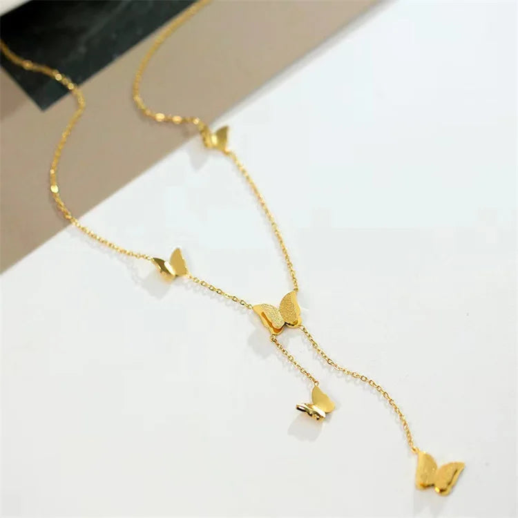 Wholesale No Fade Waterproof Luxury 316l Titanium Steel 18k Gold Plated Tassel Butterfly Pendant Necklace