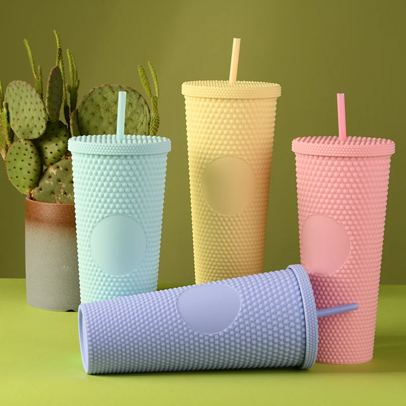 Solid Color Plastic Tumbler with Straw Double Wall 24oz Capacity Water Bottle for Office Use Durian Bottle for Coffee & Milk
