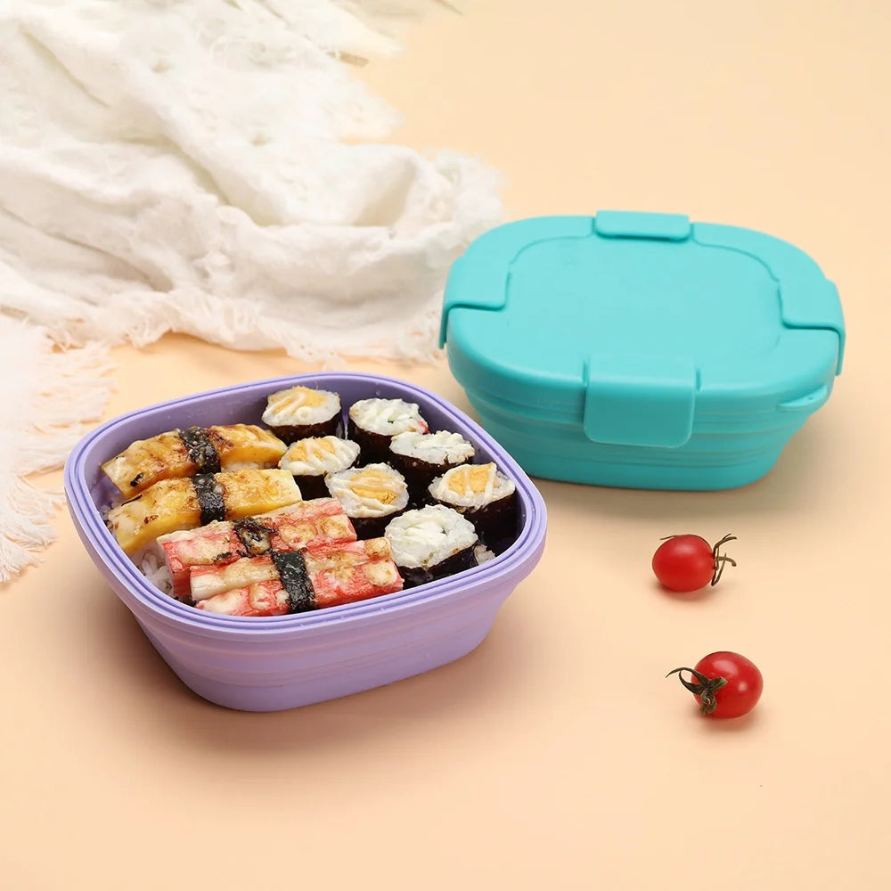 Fresh-Keeper Silicone Foldable Lunch Box with Accessory Spoon for Microwave Refrigerator Outdoor Storage Food Storage Usage