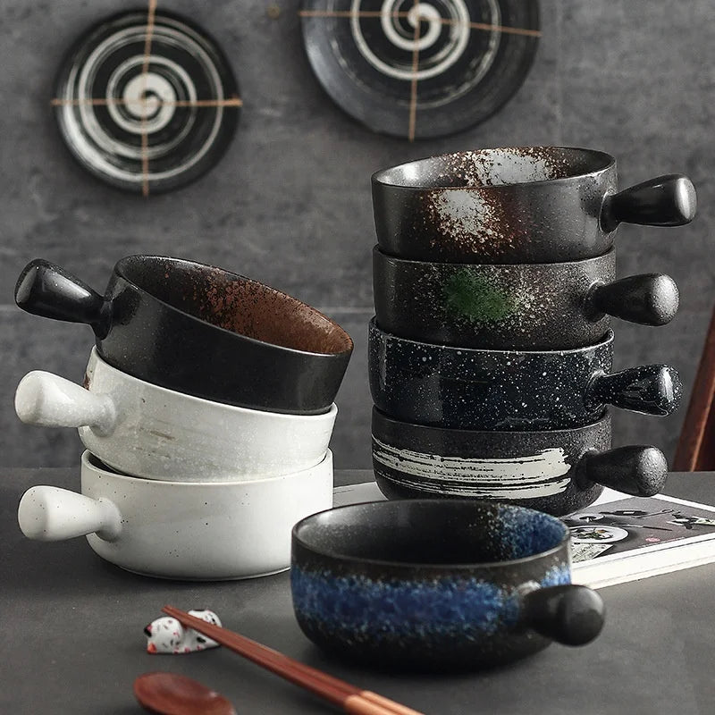 Round Ceramic Soup Bowl with Handle Small Ceramic French Onion Soup Crocks for Kitchen