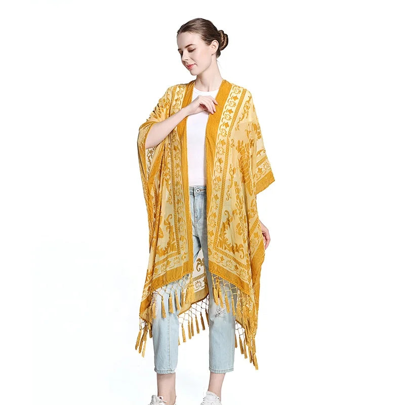 Vintage VTG One Size Bohemian Velvet Burnout Fringed Patterned Shawl Kimono Jacket for Autumn Season