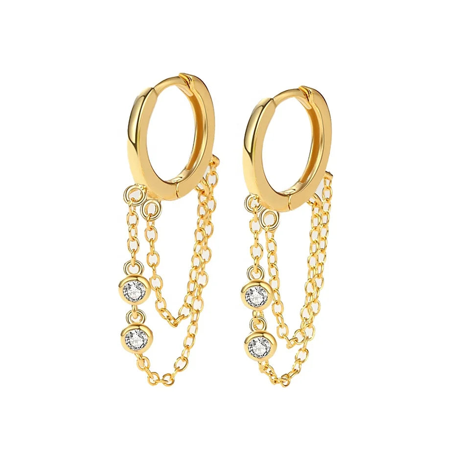 Nagosa Minimalist Jewelry 18k Gold Vermeil 925 Sterling Silver Bezel Cubic Zirconia Double Chain Hoop Earrings