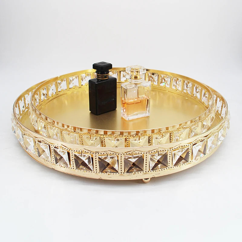 Home Decoration Metal Carved Glass Mirror Plate Storage Tray Crystal Gold Multifunction Single Tier American Style Kitchen