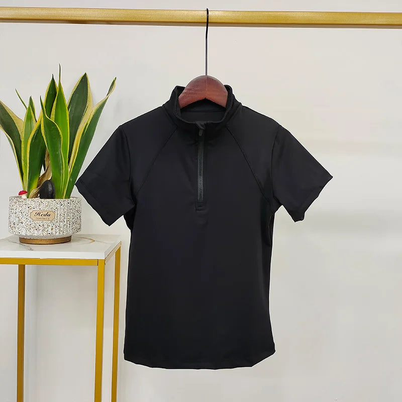 Black Performance Quick Dry Horse Riding Tops Short Sleeves Clothing Half Zipper Shirt Women Base Layer Equestrian Clothes