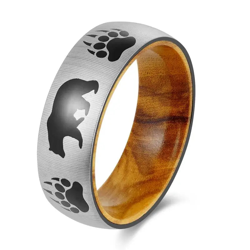 POYA 8mm Classic Style Stainless Steel Ring with Oliver Wood Liner Black Bear for Wedding Gift Anniversary