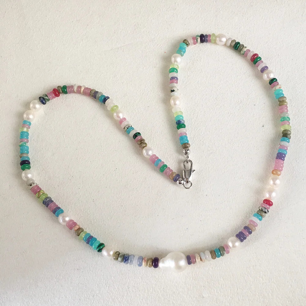 Nature FRESHWATER PEARL and Gem Stone Choker NECKLACE925 Silver Real Gold Plating Clasp 36-40 CM LENGTH