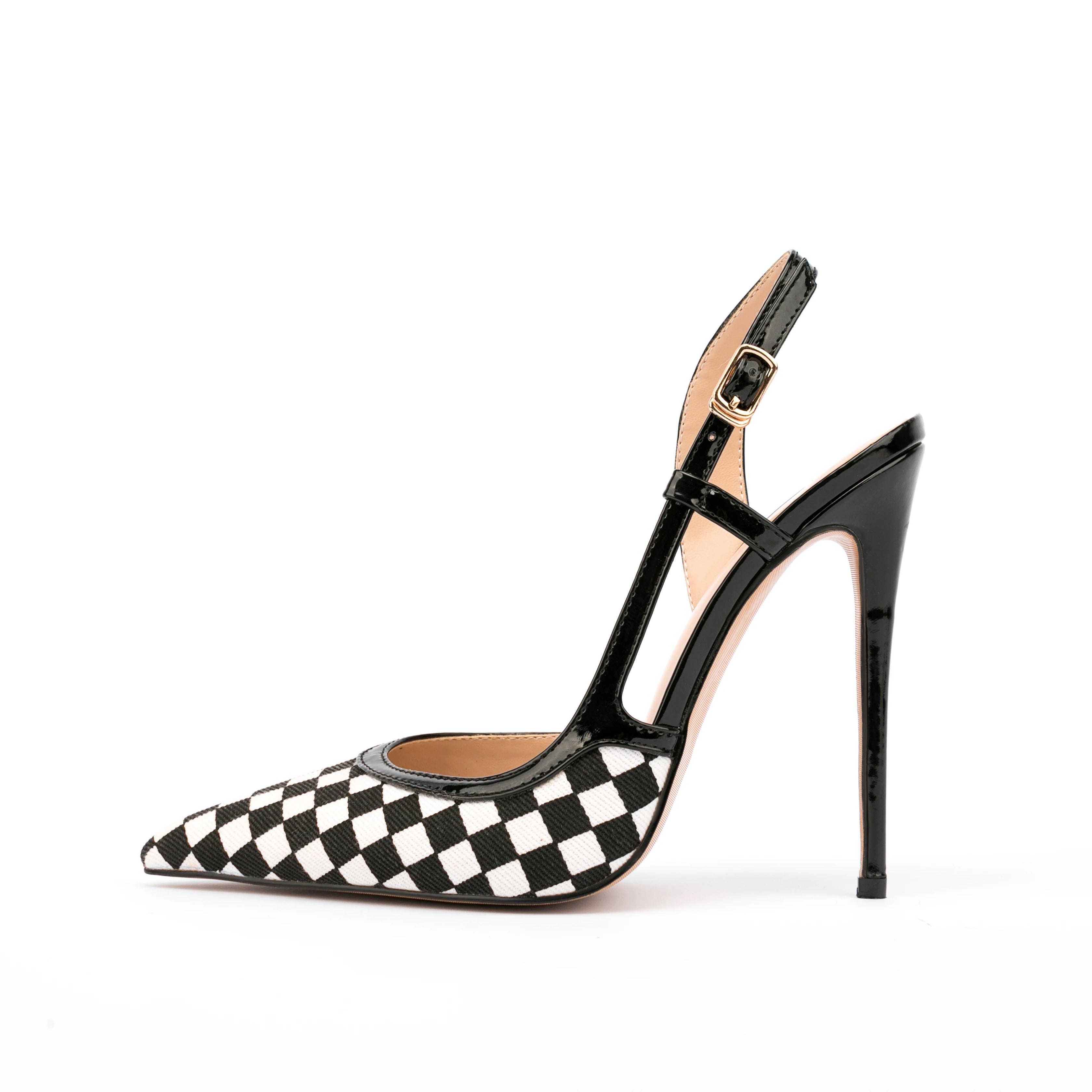 Exquisite Checkerboard Stitching Back Empty Pointed Toe Sandals Summer Women's Heel Sandals