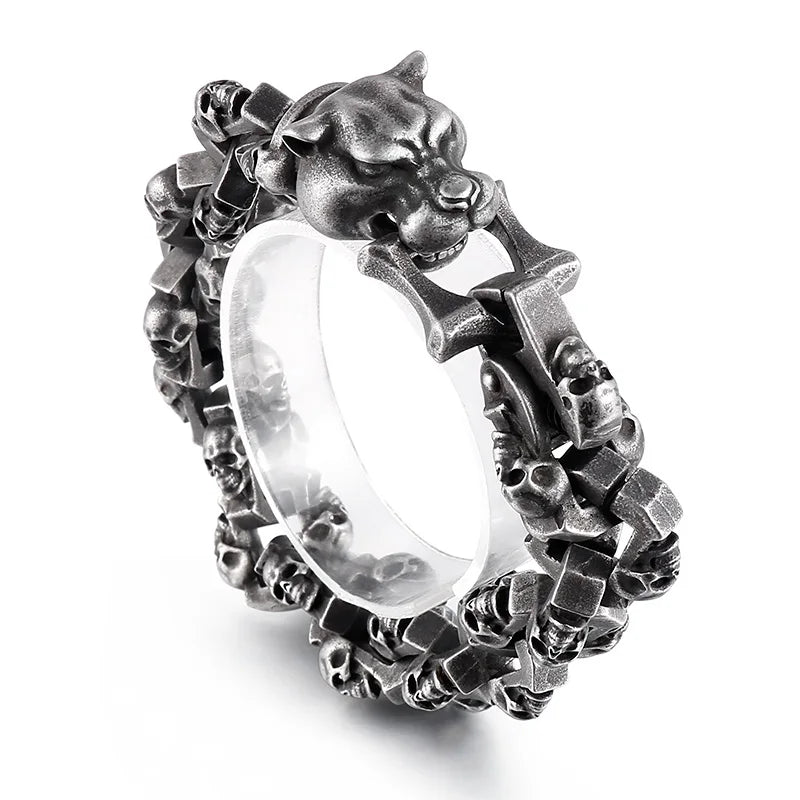 KALEN Mens 240mm Punk Stainless Steel Skull Patterns Link Bracelet With Bull Dog Head Charm Clasp