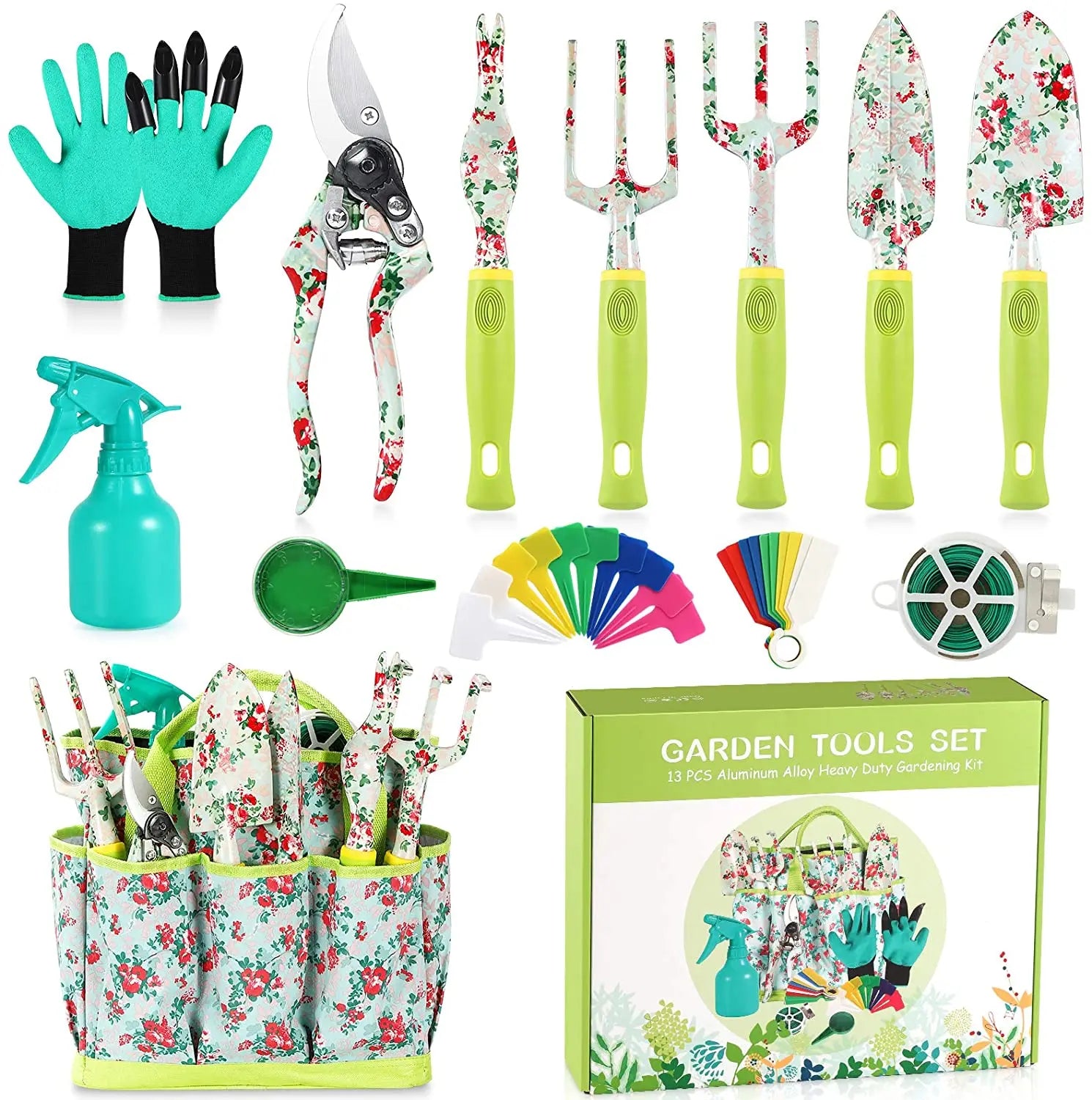 FGS01A 13 Pcs Heavy Duty Gardening Tools Kit Floral Print Garden Tool Set