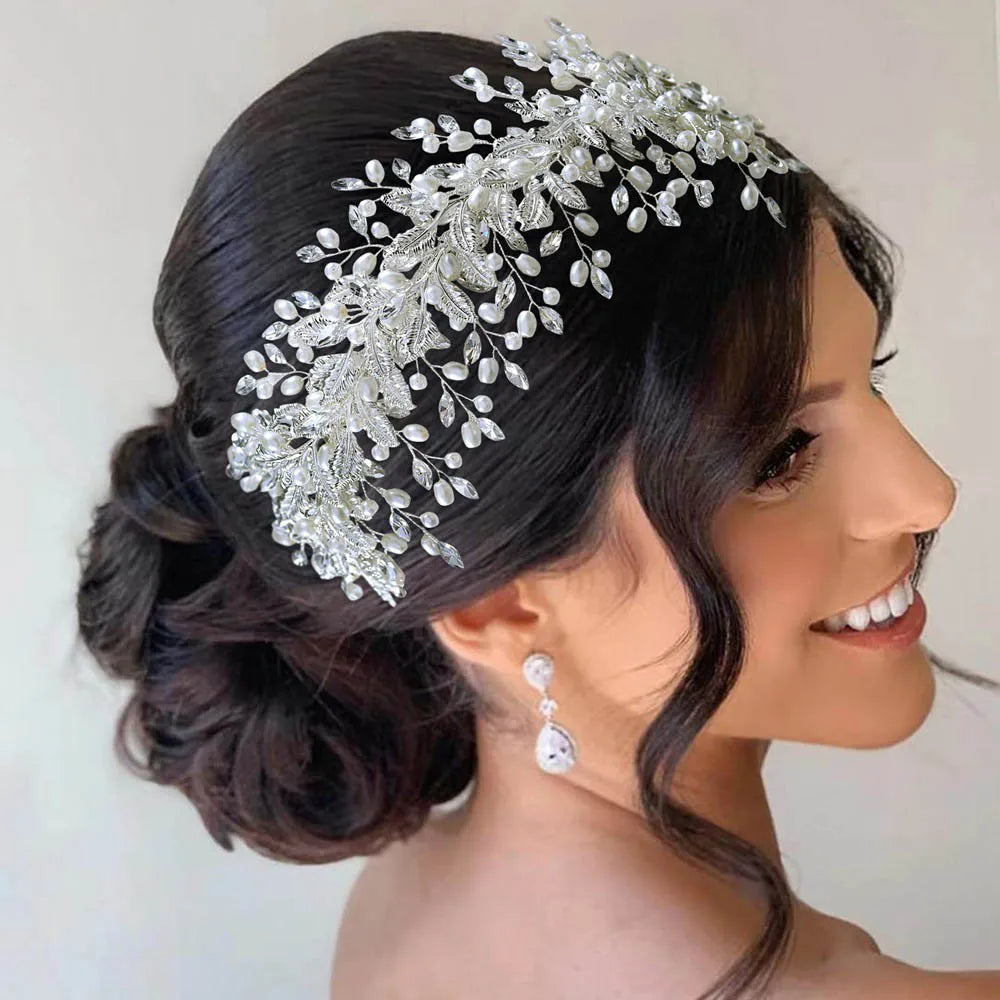 GENYA Bride's Handmade Rhinestone Headband Pearl Alloy Leaf Shape Headdress Coil Hair Headband