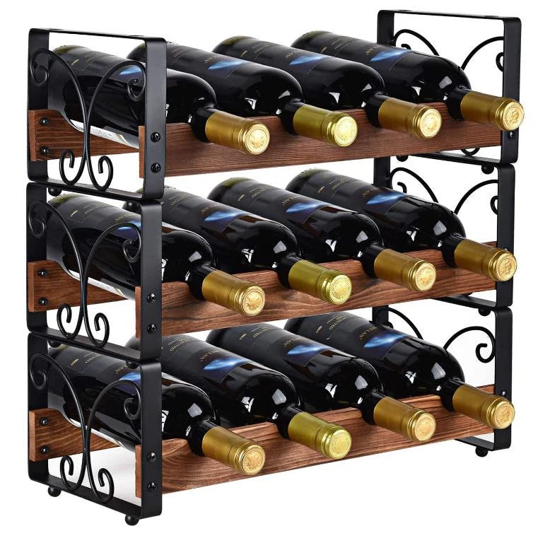 High Quality Modern Metal Wine Rack Solid Wood Style Stackable Countertop Display Tabletop Home Furniture