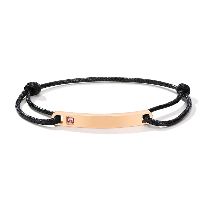 Handmade Adjustable Stainless Steel  Bar Zircon Inlaid Braided Wax Rope Bracelet for Men Women