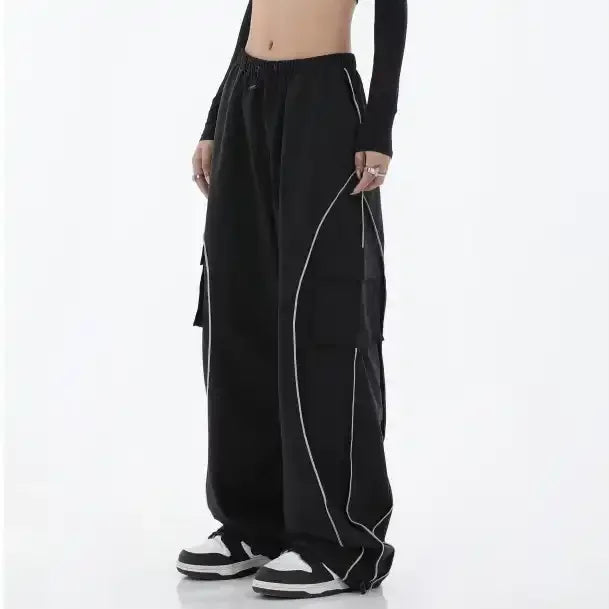 Men's Baggy Track Wide Leg Sweatpants High Waist Elastic Cargo Nylon Pants with Terry Cotton Fabric Casual Work Style Loose Fit