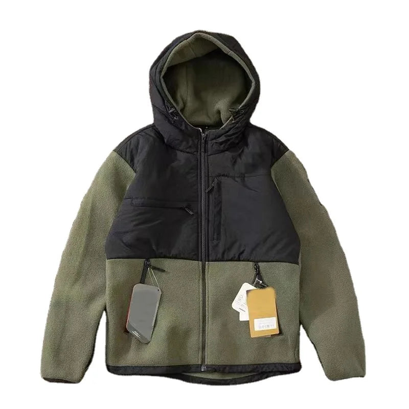 Autumn and Winter Men's Lamb Wool Padded Coat Warm Winter Hooded Jacket with Patchwork Design and Cashmere Shell