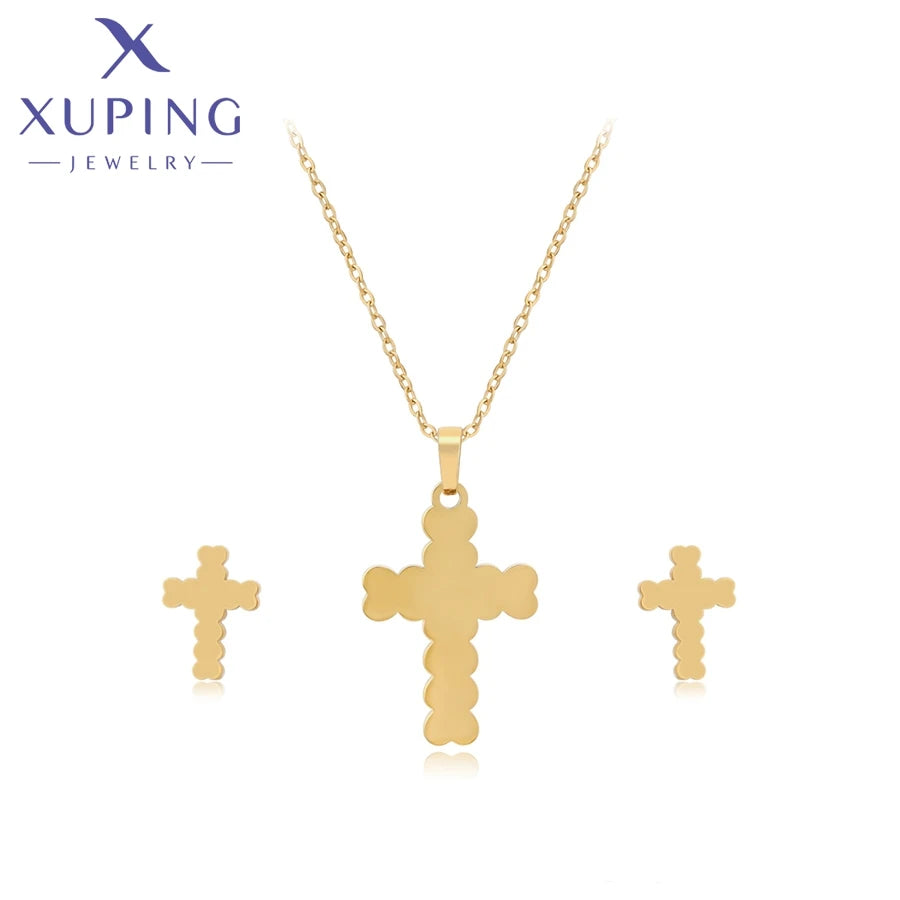 XUPING T000689272 Women Earring Necklace Elegant Fashion Cross Religious Design 14k Gold Color Stainless Steel Jewelry Set