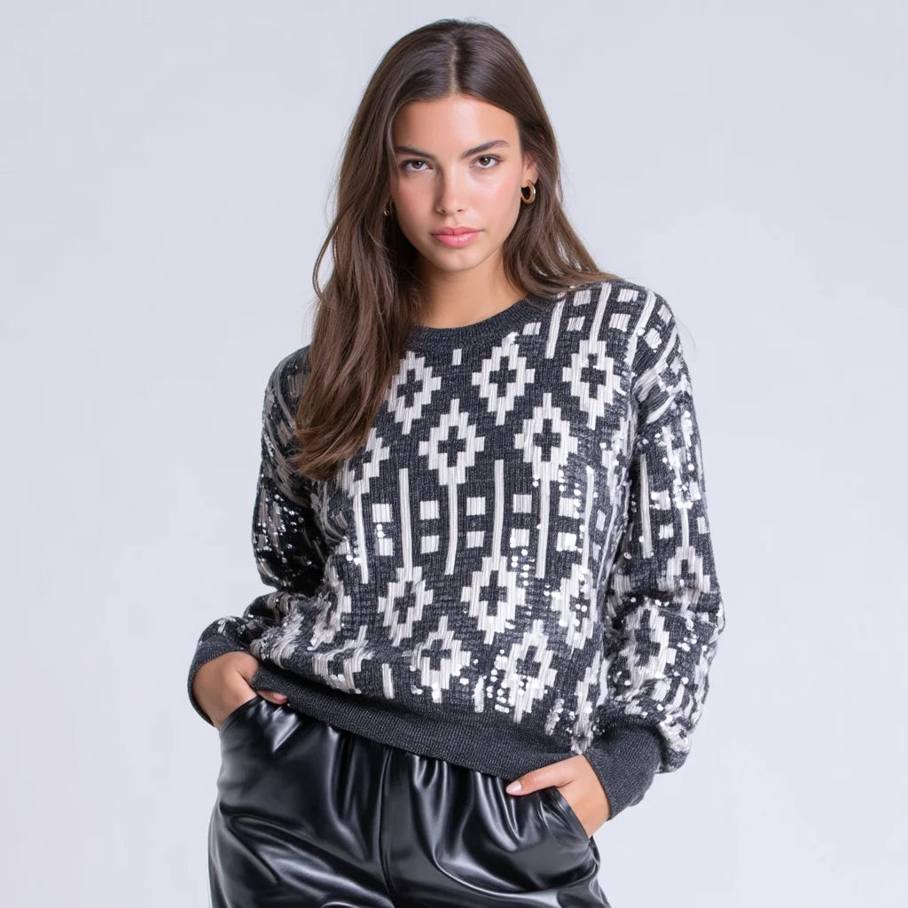 Women's Casual Mohair Blend Sweater Long Sleeve Crew Neck Geometric Pattern Fuzzy Knit Pullover Jumper Button XS Front Wholesale