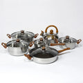 Factory Supply Wood Grain Handle 12pcs Stainless Steel Non-stick Cookware Set with Kettle&fry Pan
