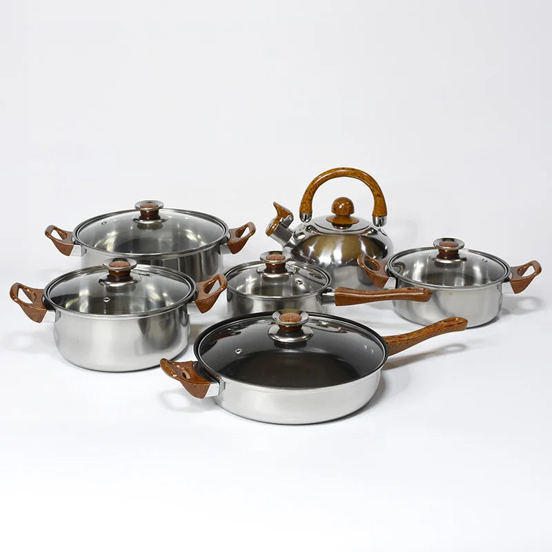 Factory Supply Wood Grain Handle 12pcs Stainless Steel Non-stick Cookware Set with Kettle&fry Pan