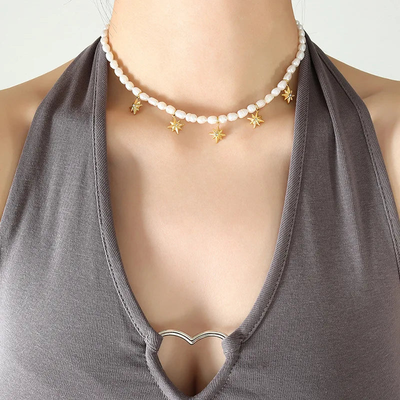 Hot Sell 18k Gold Filled Stainless Steel North Star Necklaces Freshwater Pearl Chain Choker Jewelry