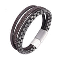 Punk Style Vintage Braid Brown Leather 316L Stainless Steel Ancient Pearl Chain Bracelet for Men