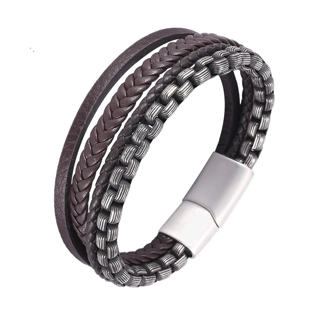 Punk Style Vintage Braid Brown Leather 316L Stainless Steel Ancient Pearl Chain Bracelet for Men